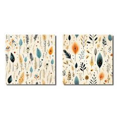 two paintings with flowers and leaves on them, one is orange and the other is blue