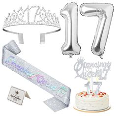 a birthday cake, tiara and balloons with the number 17 on it