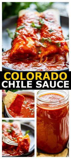 collage of photos showing the different sauces used to make mexican style enchiladas