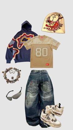 an assortment of clothing and accessories including sneakers