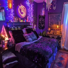 a bed room with a neatly made bed and many lights on the wall above it