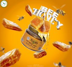 a jar of honey with the words bee honey on it and flying bees around it