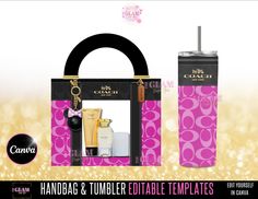 an advertisement for coach cosmetics and tumbler bottle templates