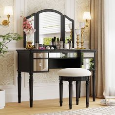 a vanity with stool and mirror in a room