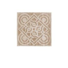 a beige and white rug with an intricate design on the bottom, in front of a white background