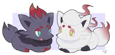 two different types of pokemons with red and black tails, one is white and the other is gray