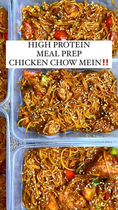 four plastic containers filled with chicken chow mein noodles and vegetables, the words high protein meal prep