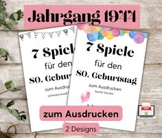 two flyers for the birthday party with balloons and streamers on them, in german