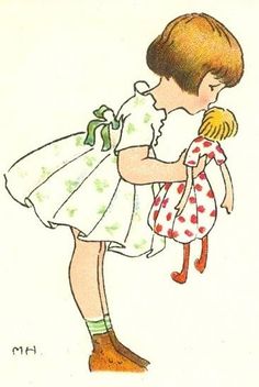 vintage girl with doll Vintage Doll Drawing, Vintage Doll Illustration, Doll Drawing, Children's Illustration, Vintage Drawing, Doll Vintage, Vintage Girl, Vintage Illustrations, Images Vintage