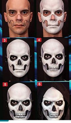 How To Paint A Skull On Your Face, Halloween Sfx Makeup Easy, Halloween Mask Painting, Under Painting Techniques Makeup, Halloween Makeup Looks 2023, Men Face Paint Halloween, Skull Makeup Step By Step, Halloween Face Makeup For Kids, Easy Face Paint Halloween