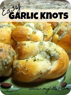 garlic knots on a plate with text overlay