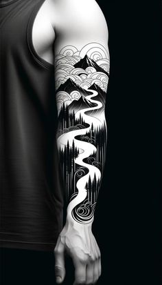 a man's arm with a mountain and river tattoo on the left sleeve, which is