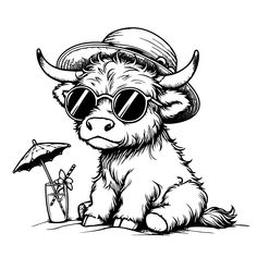 a black and white drawing of a cow wearing sun glasses with an umbrella on the beach