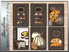 four posters with different types of desserts and pastries on the wall in front of a brick wall