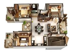 an overhead view of a three bedroom apartment with living room and dining area in the center