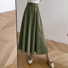 Sku CY-!124684 Material Cotton Style Loose Feature Solid Color Neckline / Occasion Casual, Vintage, Stylish Seasons Spring, Summer Type Skirt Color Black, Khaki, Green Size S~3XL Size Chart: Please consult the size chart we provide for this item's measurements to help you decide which size to buy. Please note: There may be 1-3cm differ due to manual measurement. CM Waist Hip Length M 64 / 91 L 68 / 92 Umbrella Skirt, Solid Skirt, Skirts Women, Pleated Skirts, Long Skirts For Women, Skirt Women, Black Khakis, Hot Dress, Color Khaki