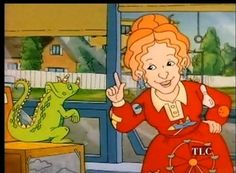 an animated image of a woman in red dress next to a green alligator and television