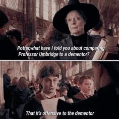 an older woman in a hat and glasses talking to another person with the caption potter, what have i told you about comparing professor umbridge to a demmote?