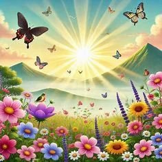 the sun shines brightly over a field full of flowers and butterflies