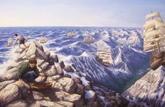 a painting of people on rocks with ships in the background