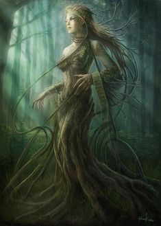 a woman with long hair standing in the middle of a forest holding a bow and arrow