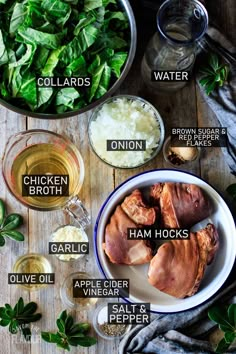 ingredients to make chicken broth laid out in bowls on a wooden table with basil leaves