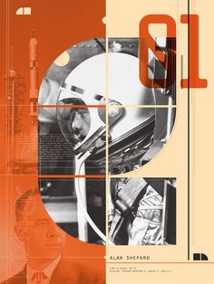 an orange and black poster with images of men in space, including the astronaut's helmet