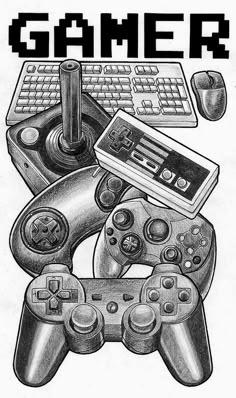 an image of a game controller and keyboard with the word gamer above it in black and white