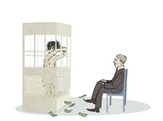 a man sitting in a chair next to a cage with money falling out of it