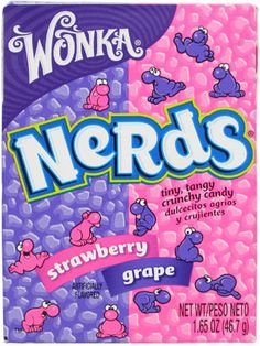 a bag of nerds candy with pink and purple candies on the front,