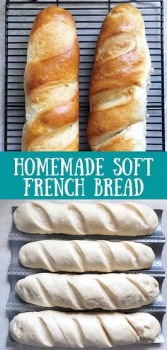 homemade soft french bread on a cooling rack with text overlay that reads homemade soft french bread