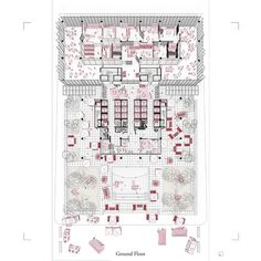 the floor plan for an apartment building with several rooms and two floors, all in different colors