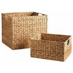 three woven storage baskets with handles on each side, one is brown and the other is tan