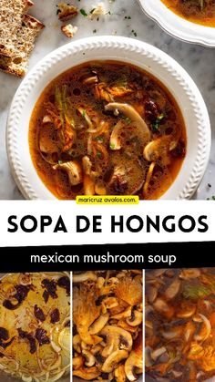 mexican mushroom soup in a white bowl with the title above it