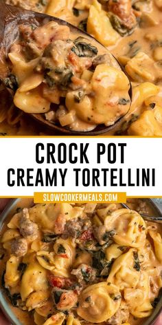 Creamy tortellini in a crock pot with sausage, tomatoes and spinach. Tortellini Recipes Crockpot, Frozen Tortellini, Crockpot Tortellini, Crock Pot Tortellini, Crockpot Pasta Recipes, Fall Crockpot Recipes, Slow Cooker Meals, Easy Crockpot Dinners, Tortellini Recipes