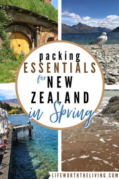 several pictures with the words packing essentials for new zealand in spring, including an image of