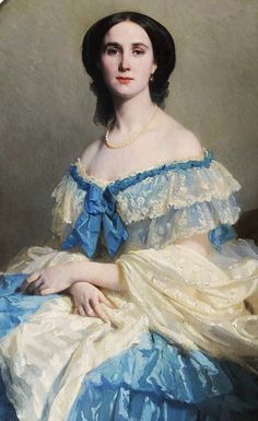 a painting of a woman in blue and white dress