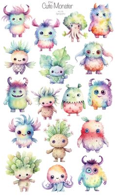 watercolor monsters with different colors and sizes are shown in this image, including one that is