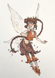 a drawing of a fairy with long hair flying through the air