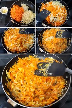 four pictures show how to cook shredded carrots in a skillet