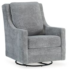 a gray chair with black metal legs on a white background