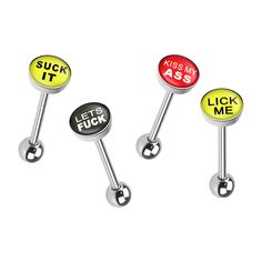 three different colored buttons with the words kiss me, kiss me and let't touch me on them