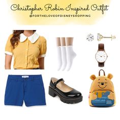 a woman in yellow shirt and blue shorts next to purse, watch, shoes and other items