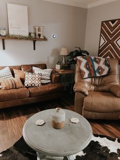 a living room with two couches, a chair and a coffee table in it