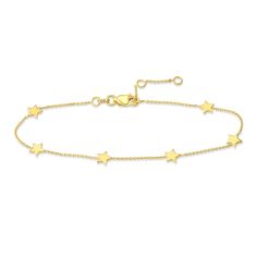 Six shimmering stars brighten elegant stations around this playful women's bracelet. Fashioned in 14K yellow gold, the adjustable 7.3-inch cable chain secures in place with a lobster clasp. Station Bracelet, Jared The Galleria Of Jewelry, Vera Wang, Cable Chain, Fashion Bracelets, Womens Bracelets, Wedding Band, Lobster Clasp, Gold Bracelet