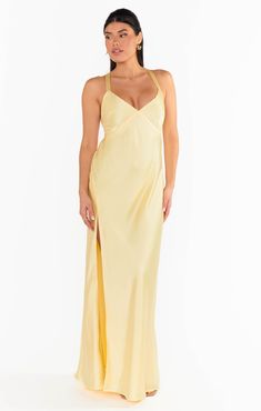 Anderson Maxi Dress ~ Pale Yellow Luxe Satin Satin Maxi Dress With Tie Back, Spring Formal Maxi Dress With Strappy Back, Elegant Formal Maxi Dress With Strappy Back, Elegant Strappy Back Maxi Dress For Prom, Bias Cut Yellow Dress For Party, Formal Dresses With Bias Cut And Strappy Back, Yellow Bias Cut Dress For Party, Elegant Strappy Back Maxi Dress For Evening, Elegant Evening Slip Dress With Strappy Back