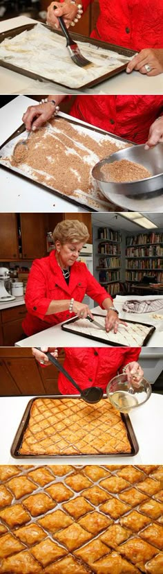 there are pictures of people making pastries in the kitchen and then cutting them into squares