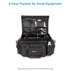 the back side of a black bag with tools in it and text that reads 4 clear pockets for small equipment