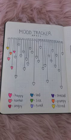 an open notebook with hearts hanging from the strings and words that spell out mood tracker