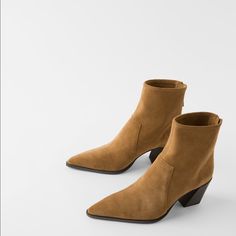 New With Tag Color: Sandy Brown Cowboy Ankle Boots, Zara Boots, Suede High Heels, Life Care, High Heel Boots Ankle, Leather High Heels, Zara Shoes, Shoes Booties, Heeled Ankle Boots